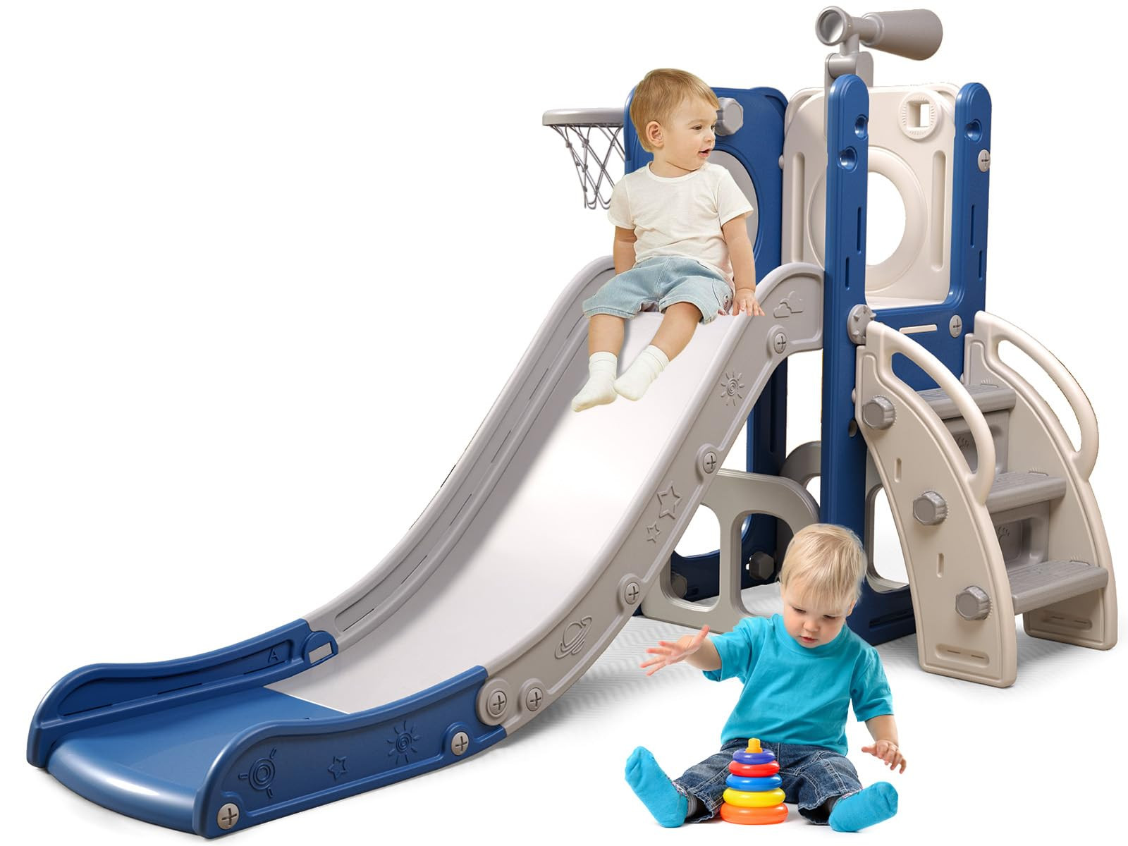 6 in 1 Toddler Playset with Slide,Toddler Slide,Slide for Kids with Basketball Hoop,Ball,Ring Tos... | Amazon (US)