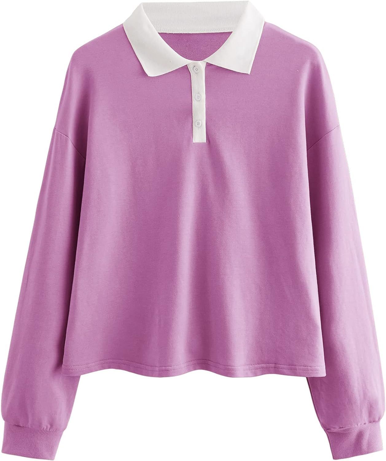 Verdusa Women's Button Front Polo Collar Drop Shoulder Pullover Top Sweatshirt | Amazon (US)