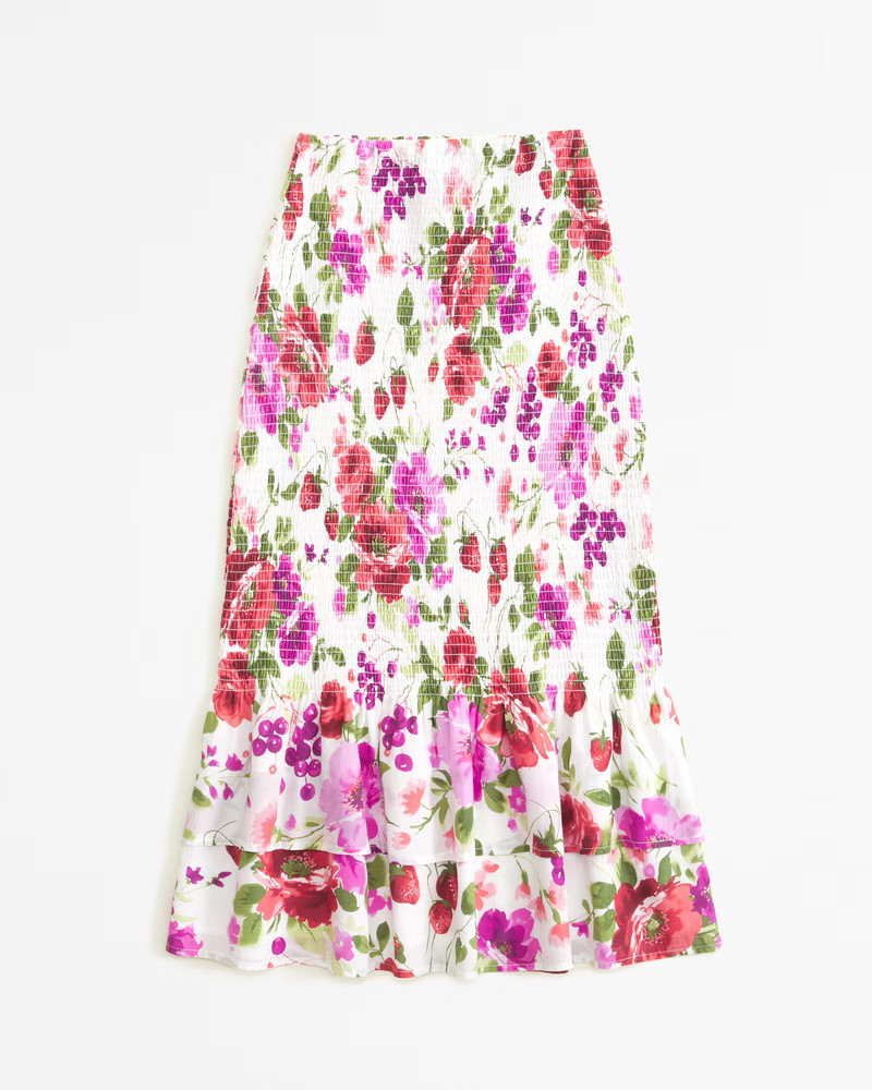 Abercrombie & Fitch Women's Smocked Midi Skirt in Pink Floral - Size XXS TALL | Abercrombie & Fitch (US)