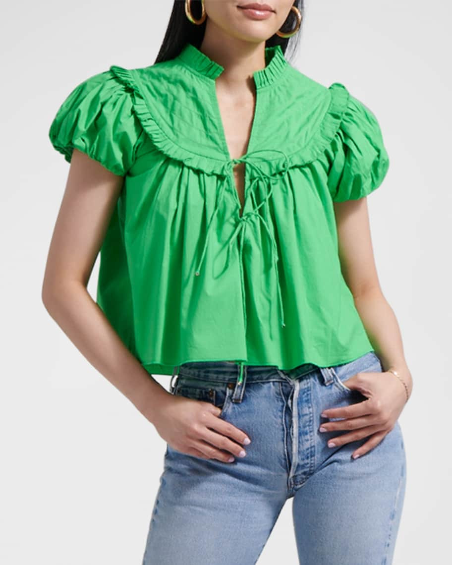 LOVE THE LABEL Sylvia Puff-Sleeve Front-Tie Cotton Top | Neiman Marcus