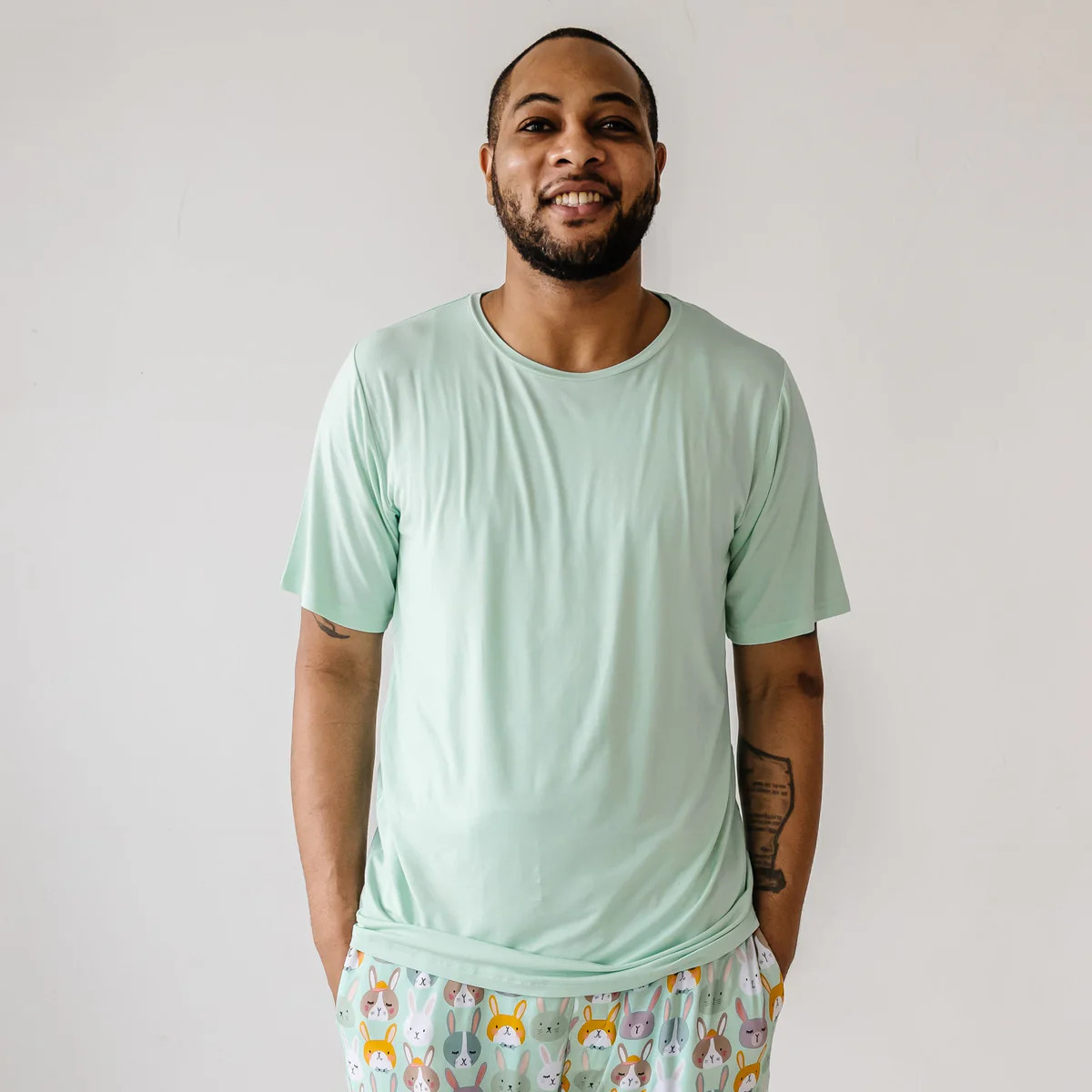 Rad Rabbits (Mint) Men's Short Sleeve Bamboo Viscose Pajama Top | Little Sleepies