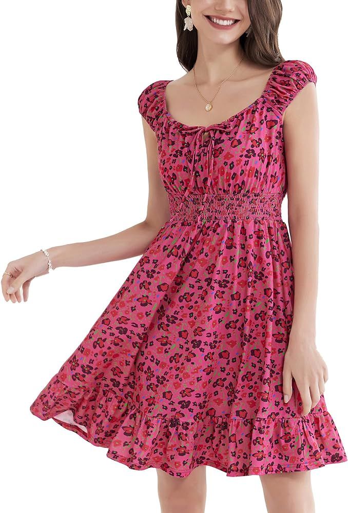 GRACE KARIN 2024 Women's Summer Floral Dress Cap Sleeve Smocked Flowy Short Dress Boho Flared Ska... | Amazon (US)