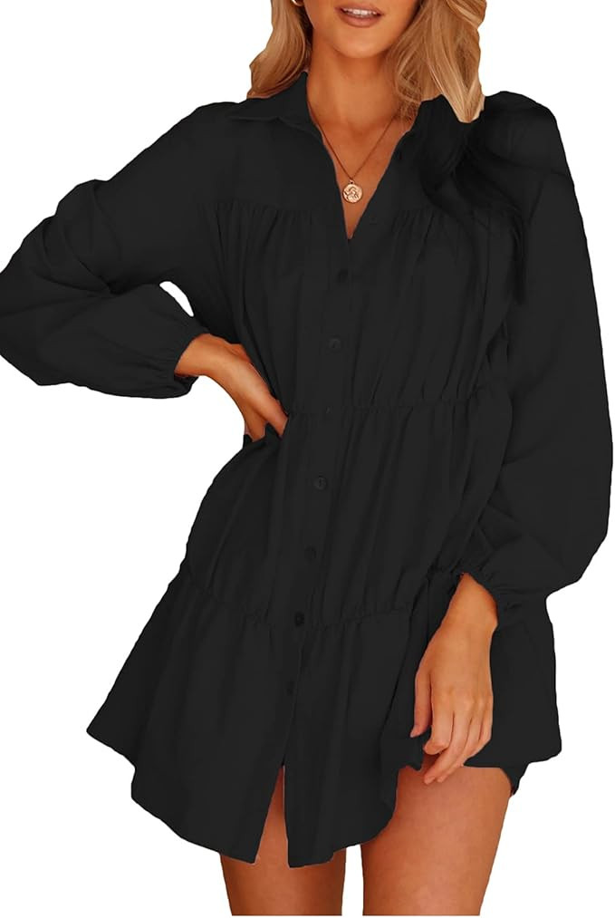 Kate Kasin Women Tiered Babydoll Dress Button Up Long Sleeves Collared Short Dresses | Amazon (US)