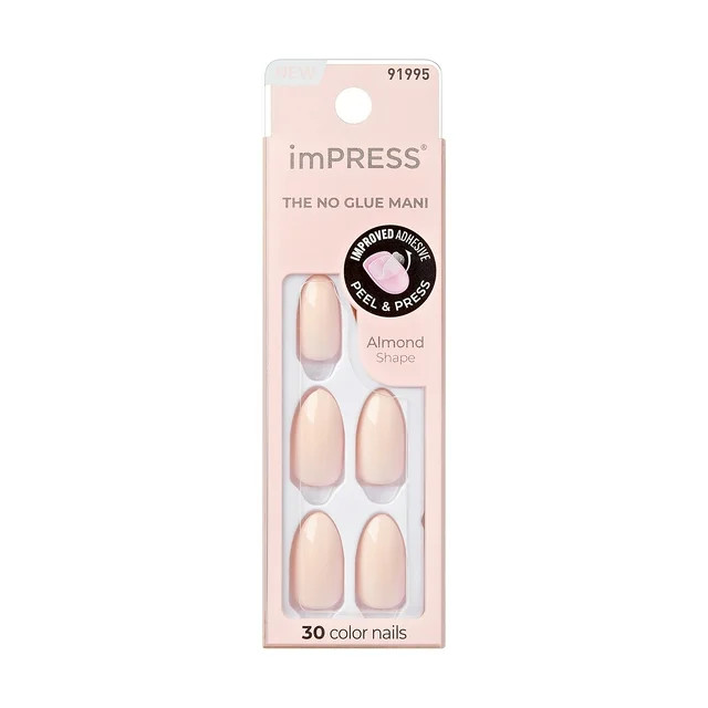 KISS imPRESS No Glue Needed Press On Nails, Color, Brushed pale, Pink, Medium Almond, 30 Count | Walmart (US)