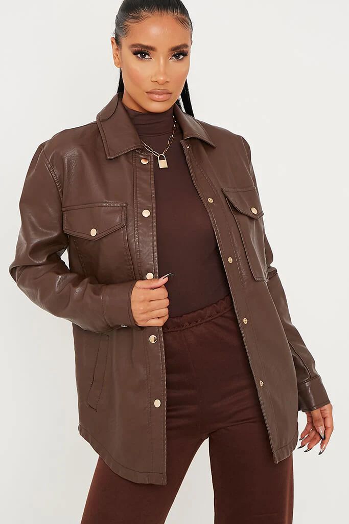 Chocolate Faux Leather Shacket | ISAWITFIRST