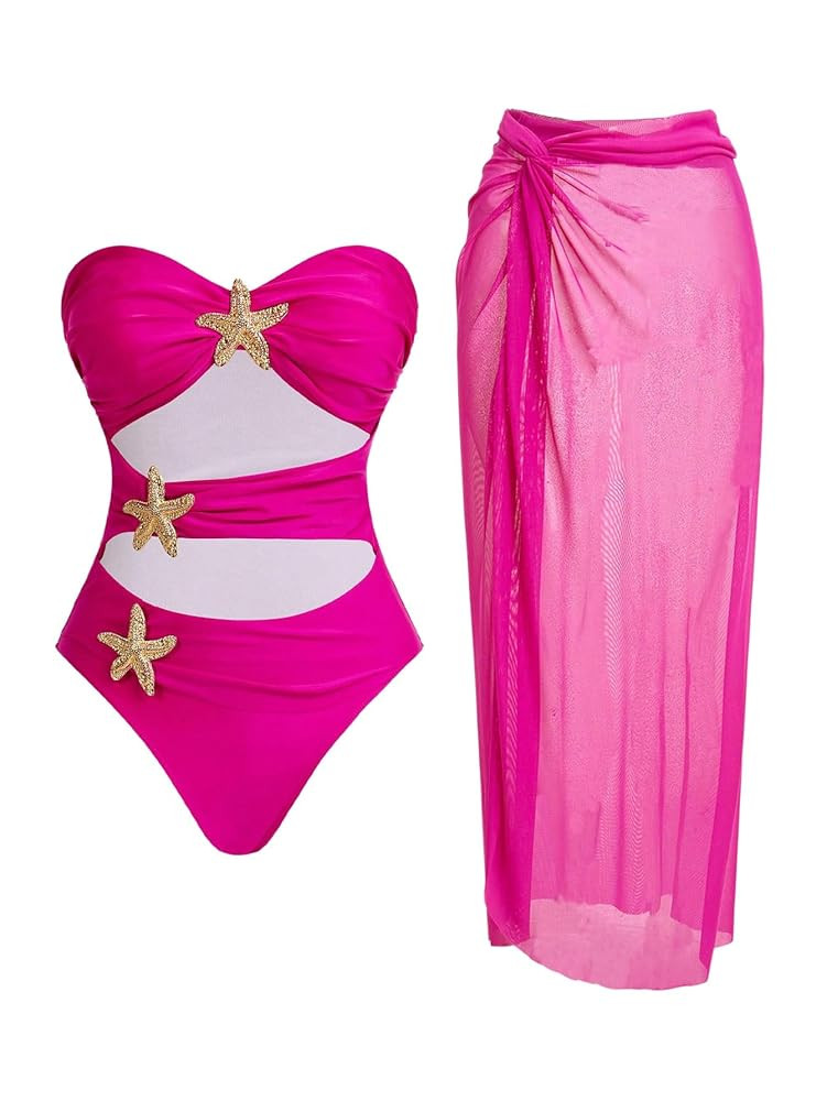 WDIRARA Women's Metallic Starfish Cut Out Strapless Bandeau Swimsuit with Cover Up Skirt 2 Piece ... | Amazon (US)