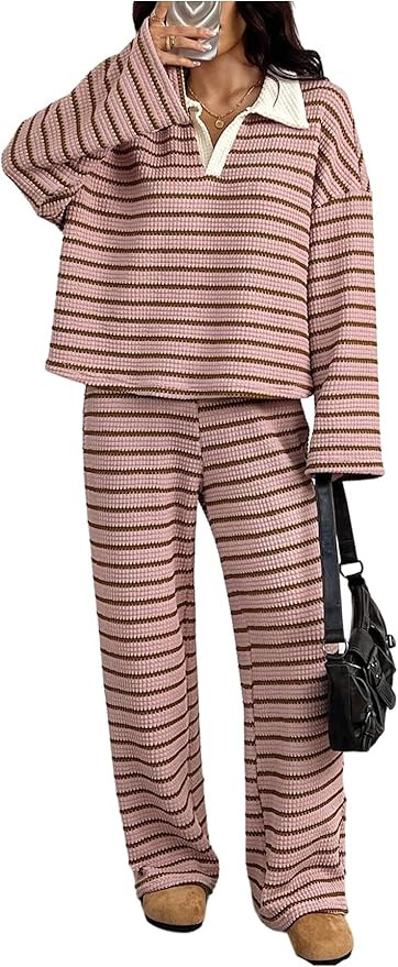MakeMeChic Women's 2 Piece Sets Striped Long Sleeve Collared Tops Shirt Wide Leg Pants Matching S... | Amazon (US)