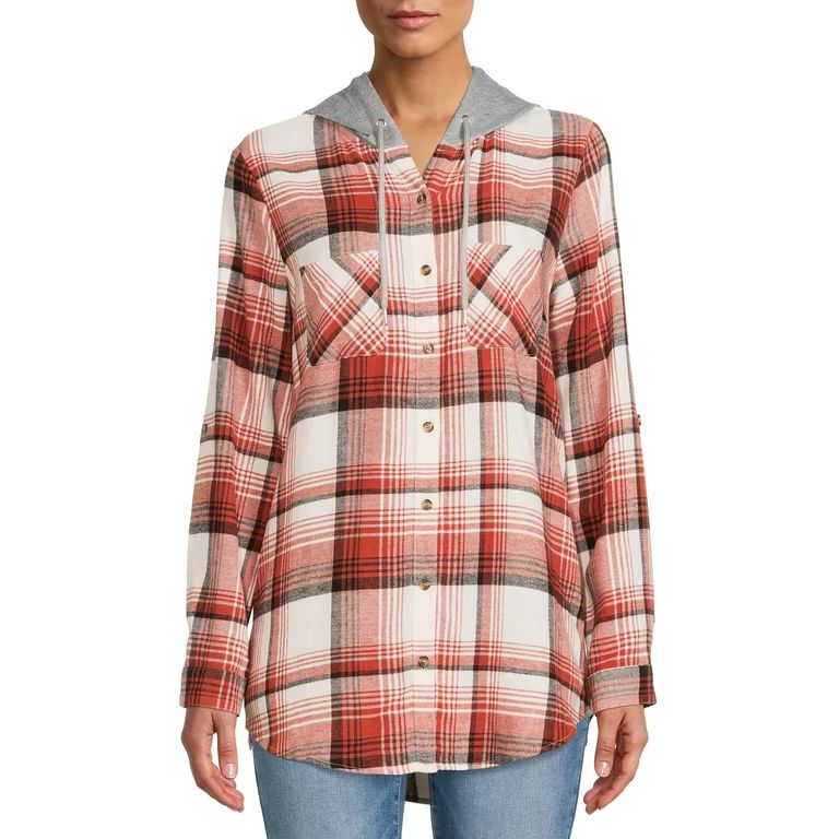 No Boundaries Juniors' Hooded Plaid Flannel Shirt | Walmart (US)