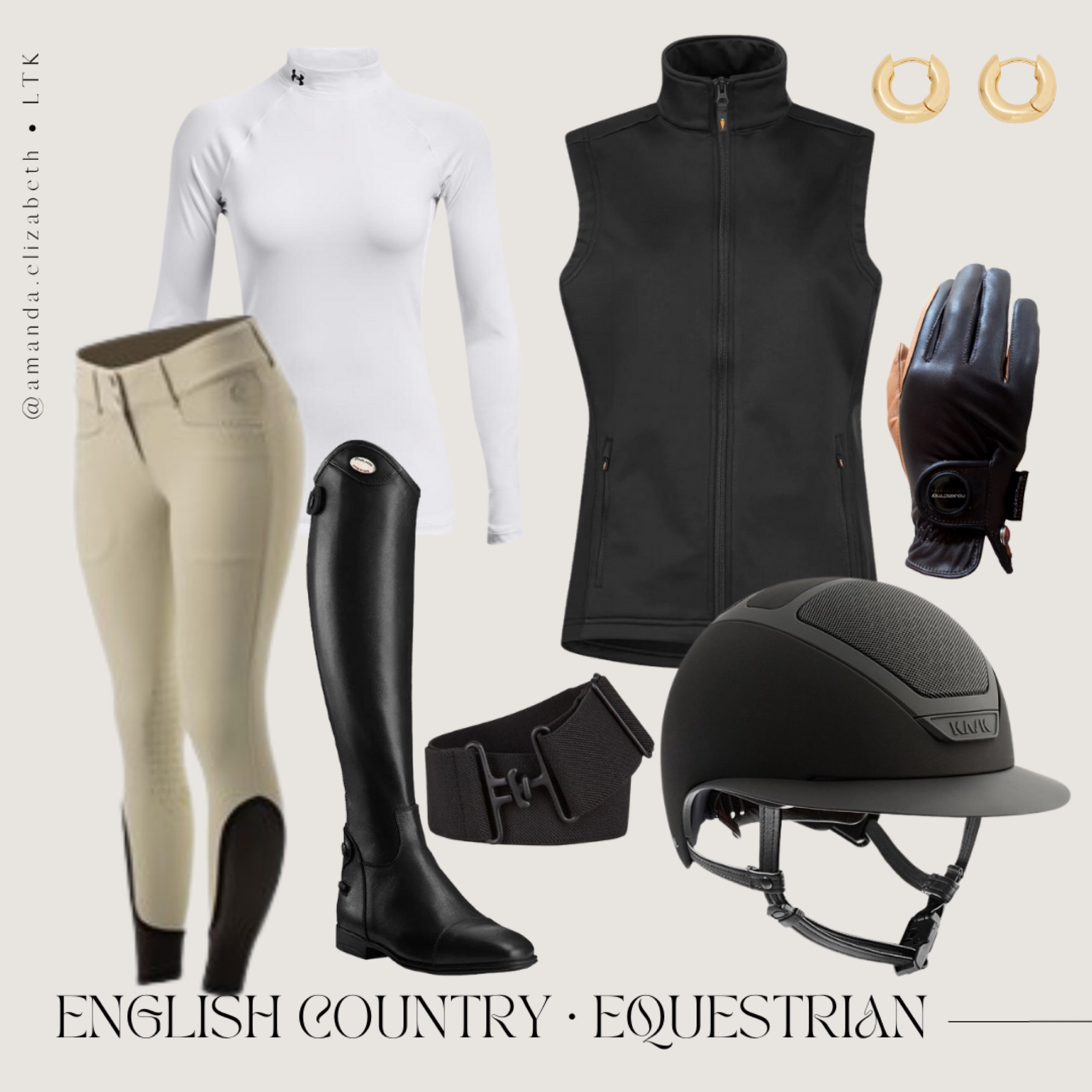 english country wardrobe • equestrian
- white athletic mock neck 
- tan riding breeches 
- equestrian belt 
- black riding boots 
- softshell equestrian riding vest 
- equestrian riding helmet  
- leather equestrian riding gloves 
- simple gold hoop earrings 

#LTKFitness #LTKstyletip #LTKeurope