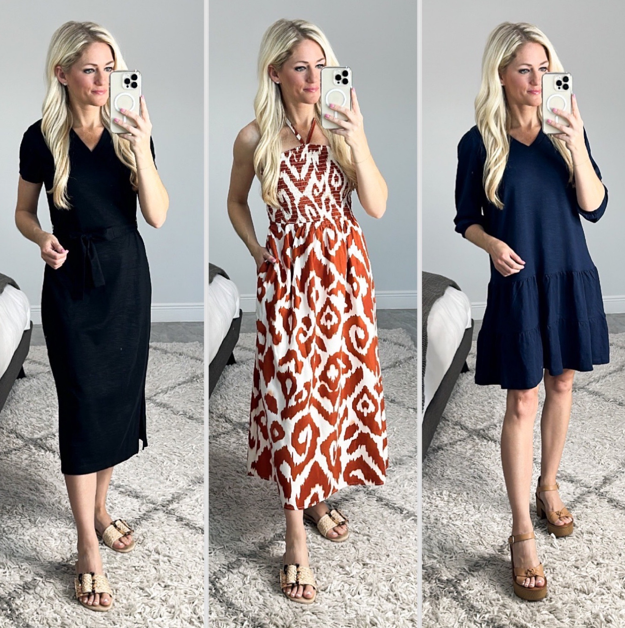 ✨WALMART✨ three dress options to take on vaca, wear a simple casual everyday look, or to work! 

*Details: tan/brown dress is great for vaca and lightweight! If you don’t like the straps you can easily cut them off or tuck them into the dress for a strapless look. Black dress is a simple casual option that you can wear any day. It does not have a lot of stretch so consider sizing up. Floral dress is so stretchy and soft. It ties in the back at the neck. Great for summer or vaca. Put a blazer over it and you can wear it to work. Navy blue dress is petite friendly. 

#LTKunder50 #LTKFind #LTKstyletip