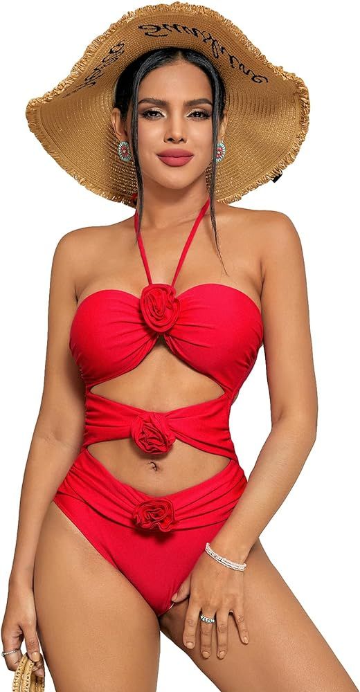 BEAUDRM Women's Halter Neck 3D Flower Decoration Sexy One-Piece Cut Out Swimsuit Bathing Suit | Amazon (US)