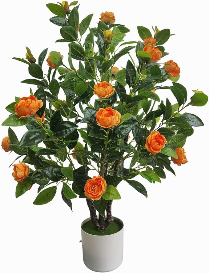 Artificial Camellia Tree 35in Faux Floral Plant with Orange Flowers and Green Leaves - No Mainten... | Amazon (US)