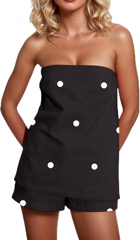 MISSACTIVER Women\u2019s 2 Piece Lounge Set Linen Strapless Tube Top Backless Side Slit Button Ca... | Amazon (US)