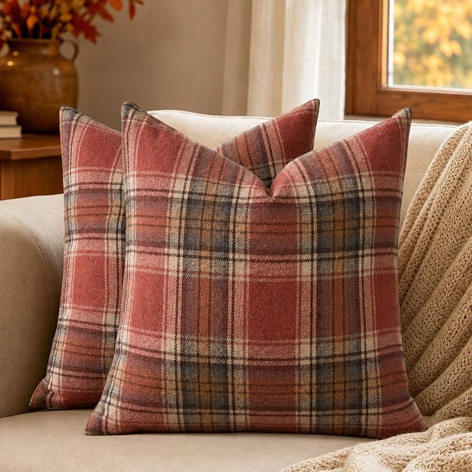 Fall Plaid Pillow Covers 18x18 2Pcs Rust Beige Farmhouse QZ002C18 | Classic rural cushion covers,... | Amazon (US)