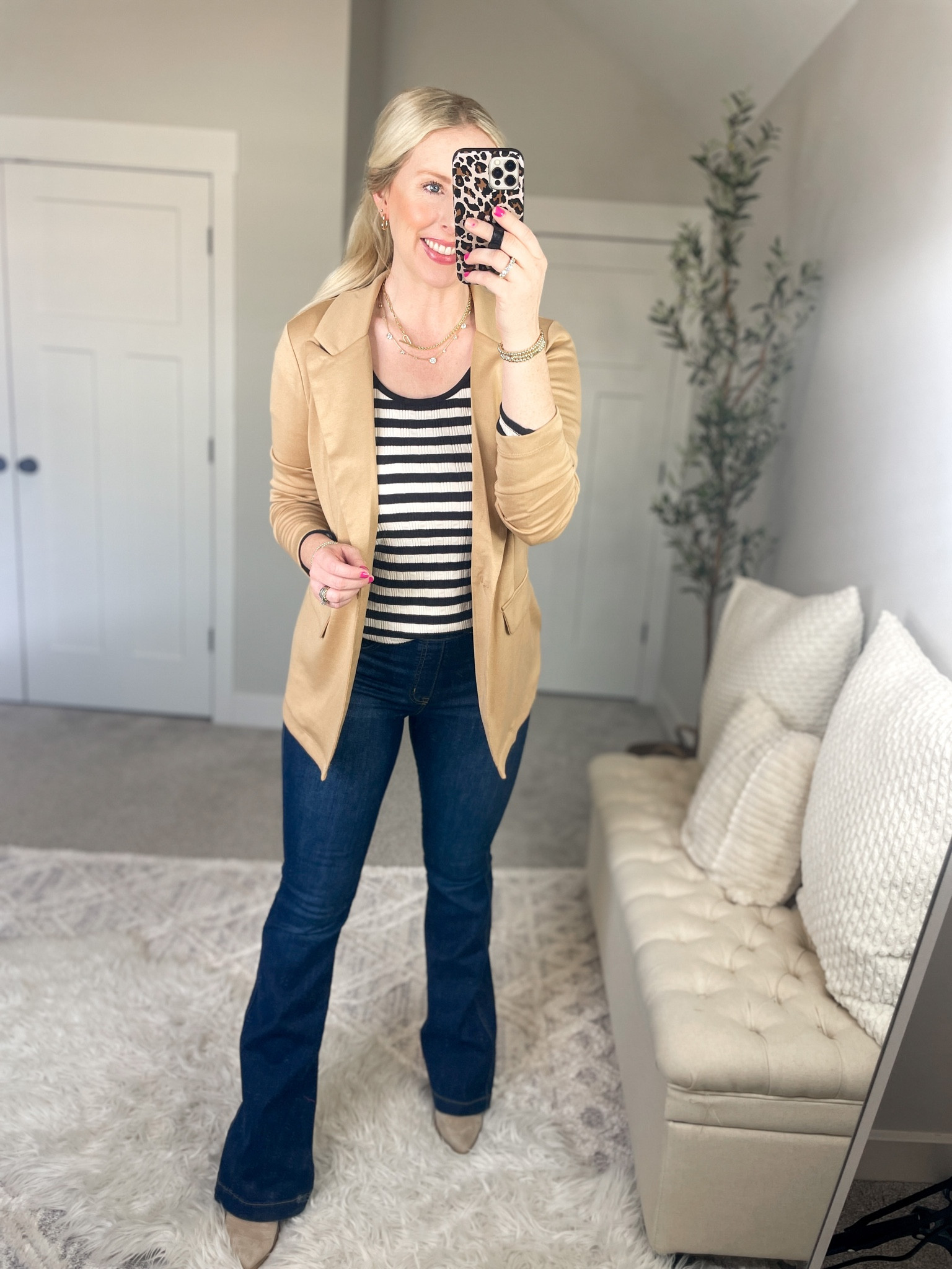 Daily try on, Walmart outfit, knit blazer, black and white stripe, flare jeans, workwear 

#LTKstyletip #LTKunder50 #LTKsalealert