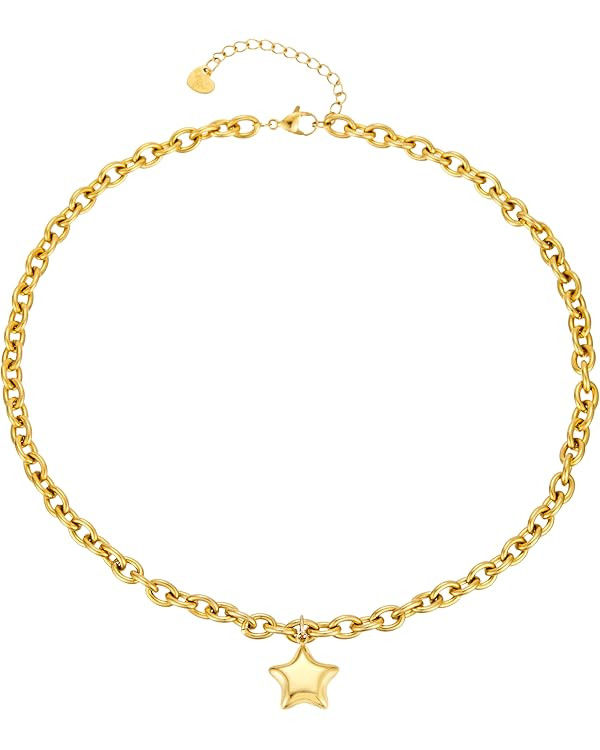 Chunky Necklace 18K Gold Plated Non Tarnish Trendy Stainless Steel Statement Necklace Waterproof ... | Amazon (US)