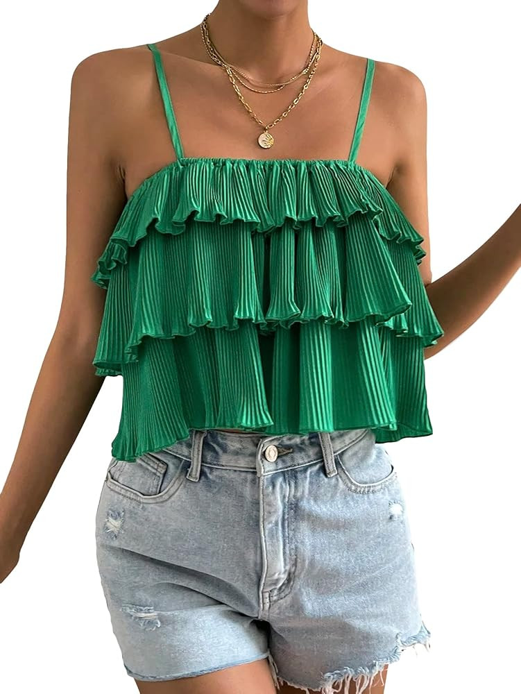Floerns Women's Solid Spaghetti Strap Ruffle Trim Tiered Layer Crop Cami Top | Amazon (US)
