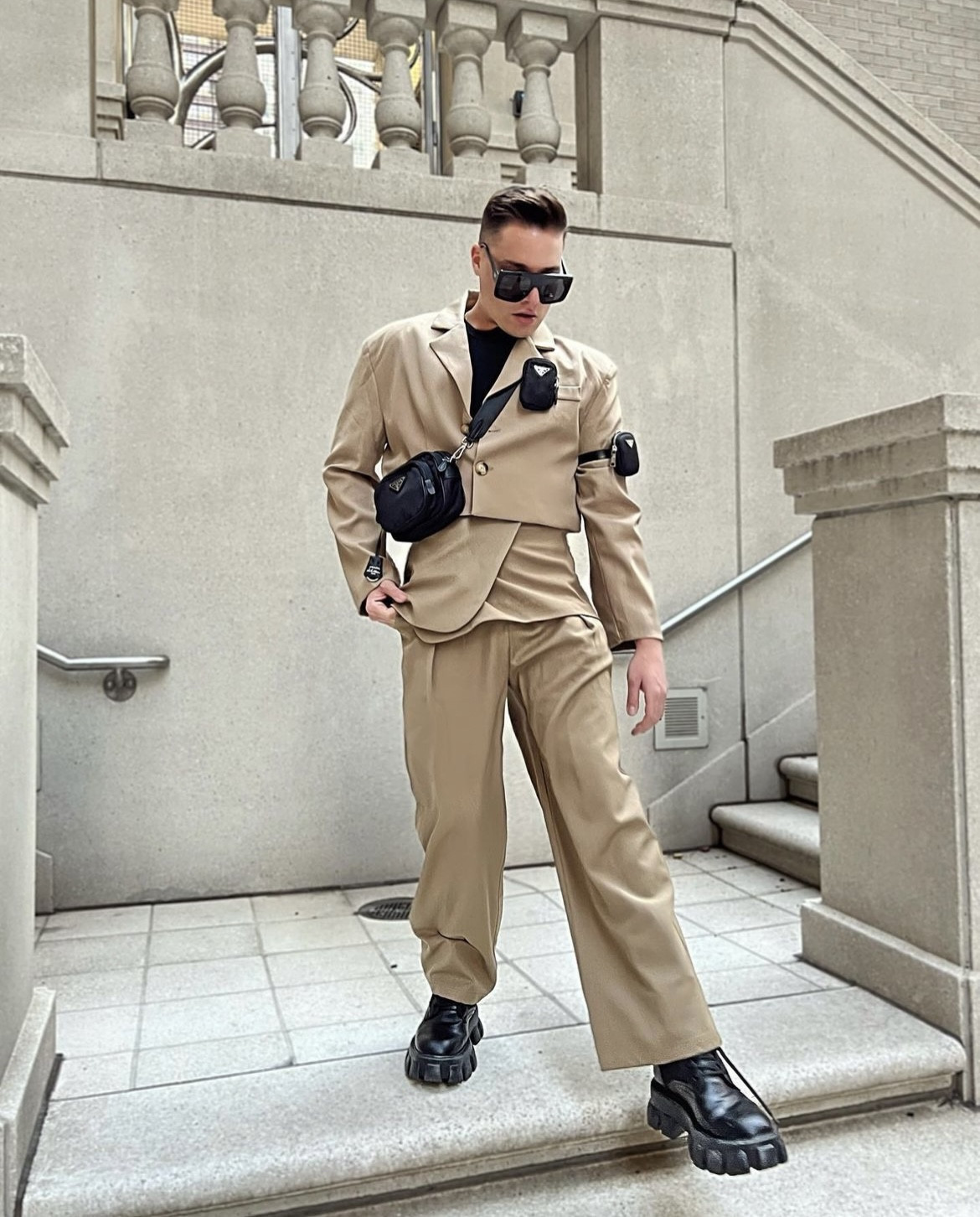 Military cut cropped suit, the pants come with the apron-belt that is removable to give the suit a cut-off effect. I also wear these Prada boots and bag almost every day, two of my favorite staples in my closet.

#LTKmens #LTKstyletip #LTKfindsunder100