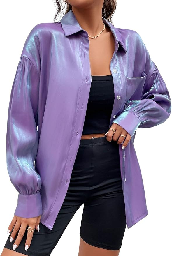 Floerns Women's Drop Shoulder Oversize Long Sleeve Silk Button Down Shirt Blouse Top | Amazon (US)