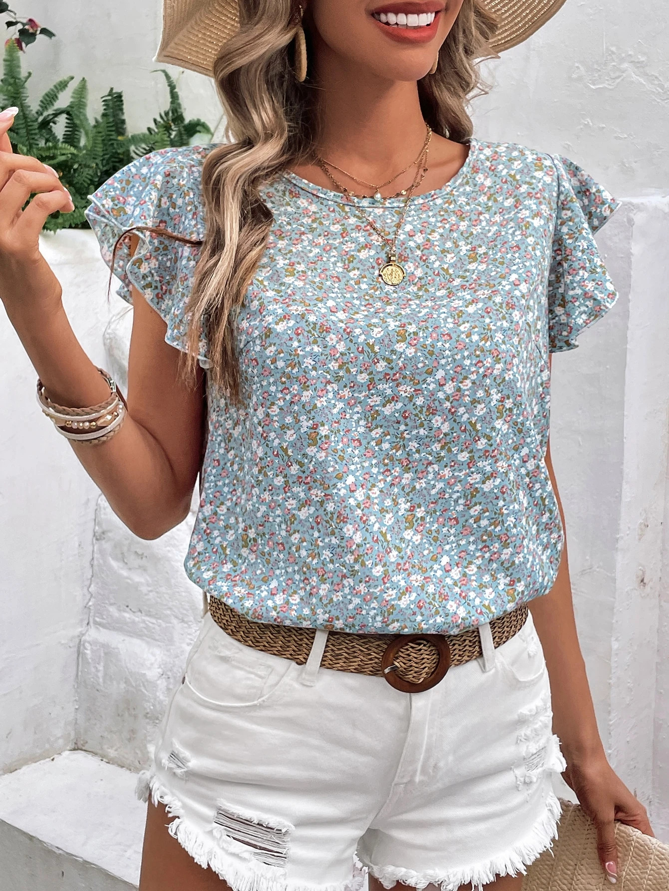 SHEIN Clasi Ditsy Floral Print Butterfly Sleeve Blouse | SHEIN