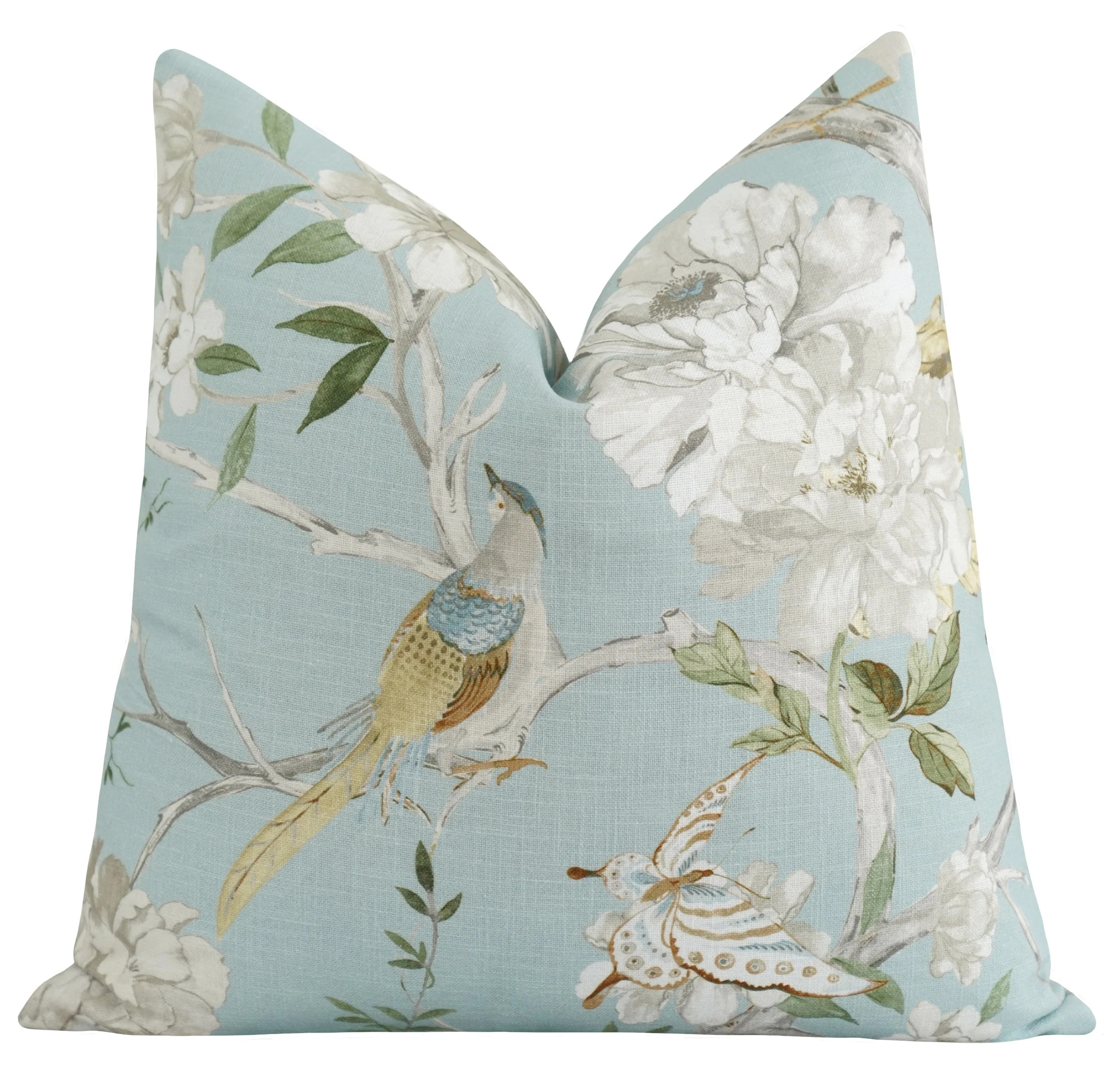Floral Bird Pillow Cover | Botanical Cottage Linen Blend Accent Pillow | Land of Pillows