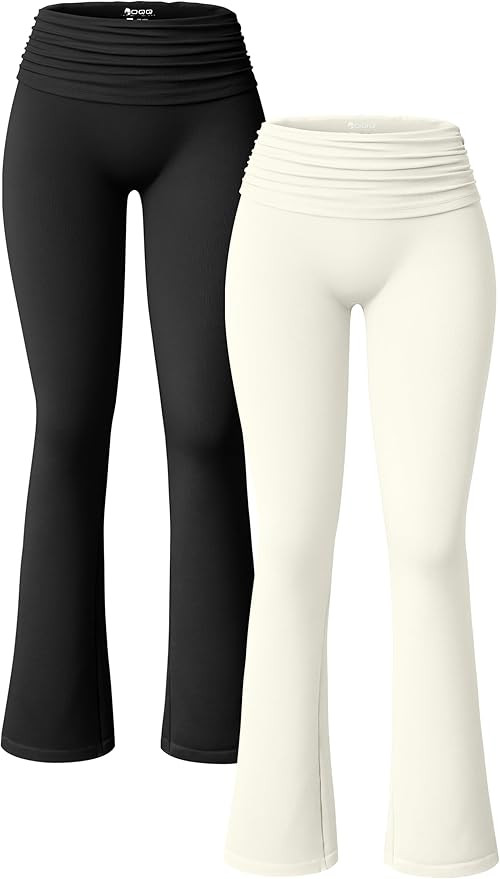 OQQ Women's 2 Piece Flared Pants Ribbed Fold Over Kick Ruched Stretch High Waist Casual Wide Leg | Amazon (US)