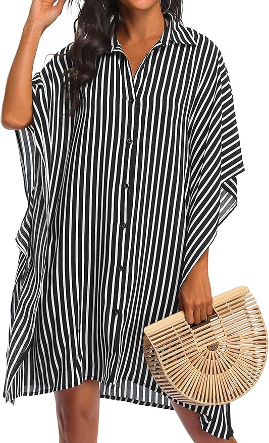 Ekouaer Women's Swimsuit Cover Up 3/4 Sleeve Beachwear Bikini Coverups Button Down Oversized Cove... | Amazon (US)