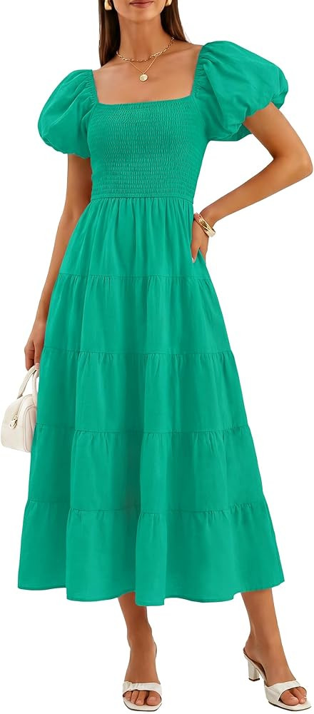 ZESICA Women's 2026 Summer Puff Sleeve Midi Dress 2026 Boho Solid High Waist Flowy Beach Wedding ... | Amazon (US)