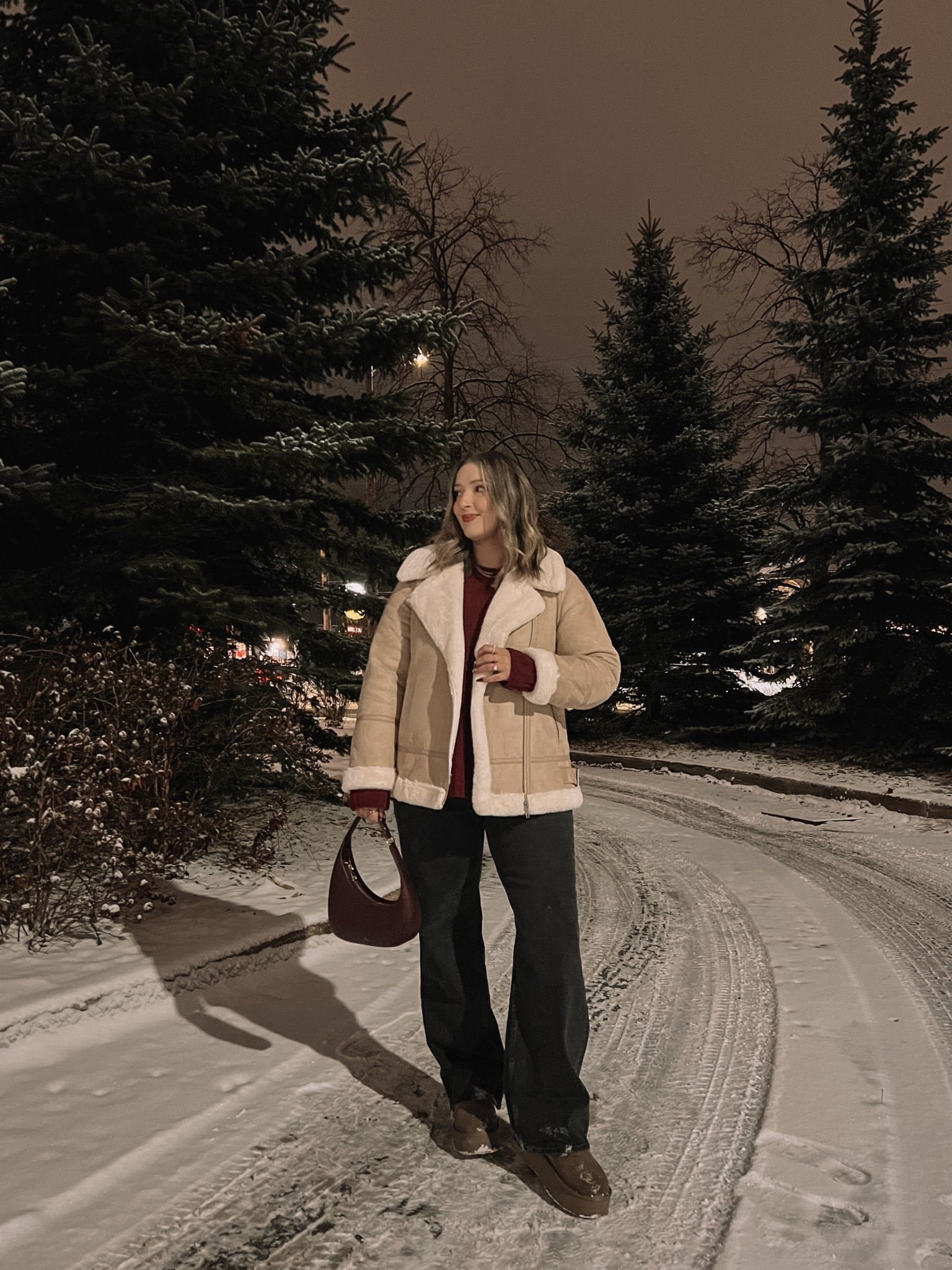 Casual winter outfit of the night! Wearing L in the burgundy sweater and 32 in my fave Abercrombie jeans. Linked similar aviator jacket. Ugg look for less boots are such good quality, I’m usually a 9.5-10 and wear a 10. Burgundy bag is Amazon too and I love it to dress up a winter outfit 


#LTKwinter #LTKstyletip #LTKmidsize