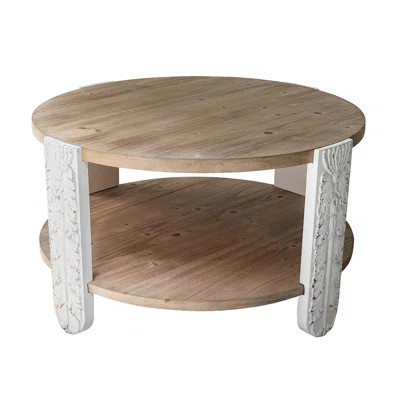 31.5X31.5X17.7" Round Wooden Coffee Table With Natural Brown Finish, Carved White Legs, And Lower Storage Shelf | Wayfair North America