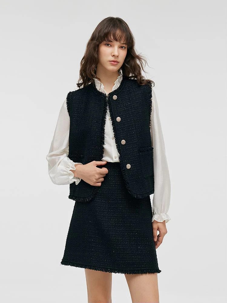 Tweed Women Vest And A-Line Skirt Two-Piece Set | GOELIA