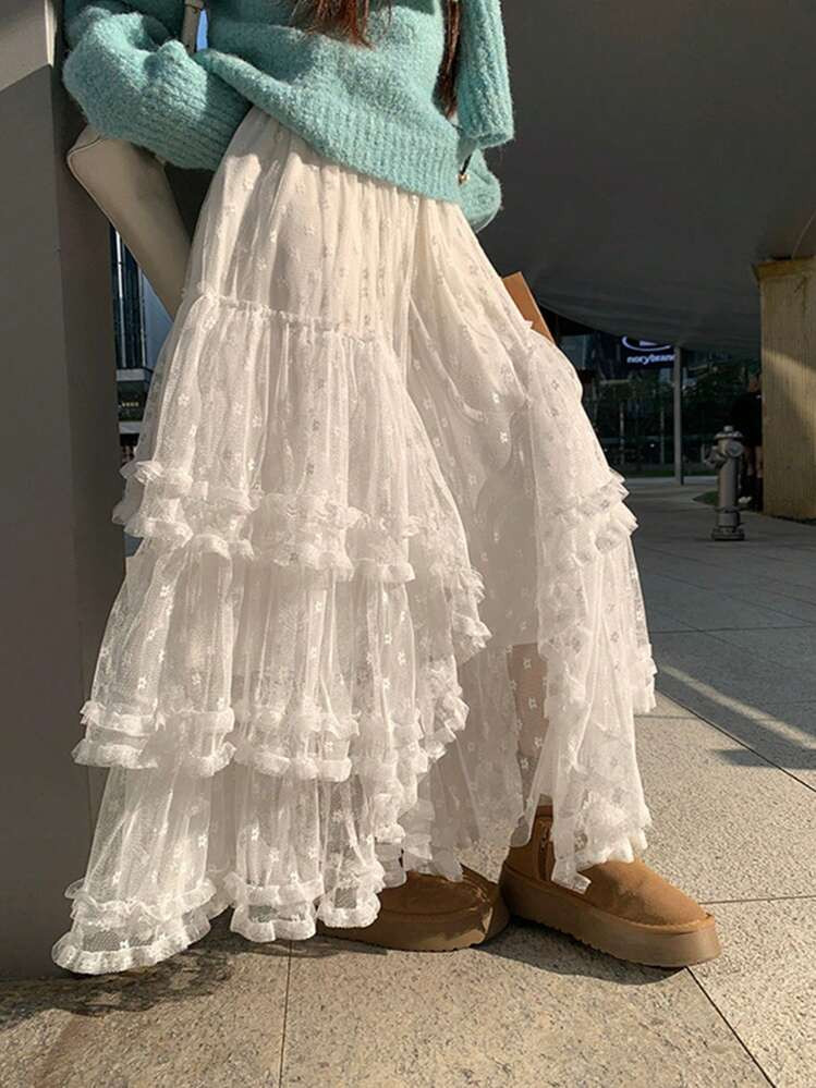 French Style Lace Flare Ruffle Skirt, High Waist Slimming Fairy Multilayer Asymmetrical Floral | SHEIN