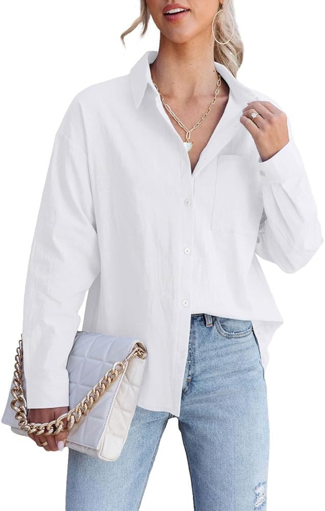 BONITEE Womens Cotton Button Down Shirt Casual Long Sleeve Collared Work Shirts Blouse Tops with ... | Amazon (US)