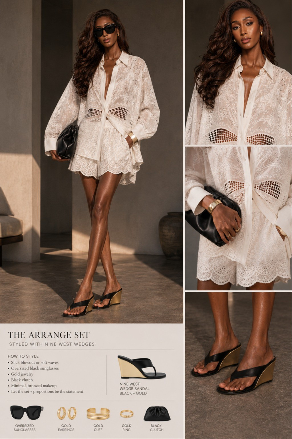 Soft power dressing for the birthday getaway 🤍✨I paired this oversized embroidered ARRANGE set with black + gold Nine West wedges for a look that feels effortless, elevated, and quietly luxurious. The perfect daytime resort look for rooftop cocktails, luxury hotel wandering, brunch at Nobu, and golden hour moments in Atlantic City.The proportions do all the talking. Minimal styling, maximum presence.#LTKStyle #LTKTravel #ResortWear #QuietLuxury #SummerStyle #VacationOutfit #PowerDressing #FashionOver30 #LuxuryStyle #AtlanticCityStyle #NeutralStyle #TallGirlStyle #BlackGirlLuxury #SummerFashion #StyleInspo

#LTKTall #LTKTravel #LTKdayinmylife