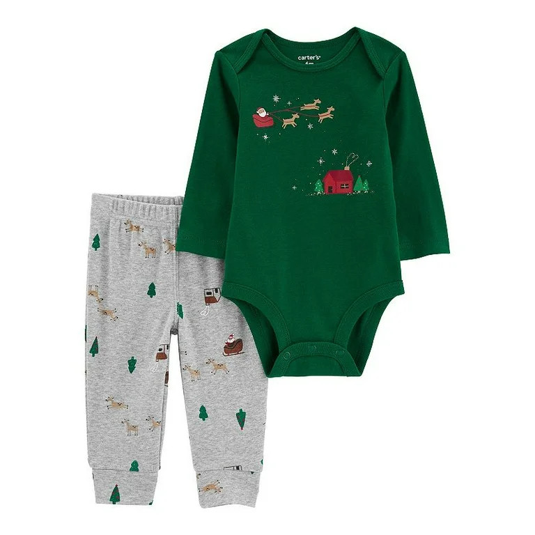 Carter's Baby Unisex 2 Piece Set Santa on Green Onsie and Grey Pants 9 M | Walmart (US)