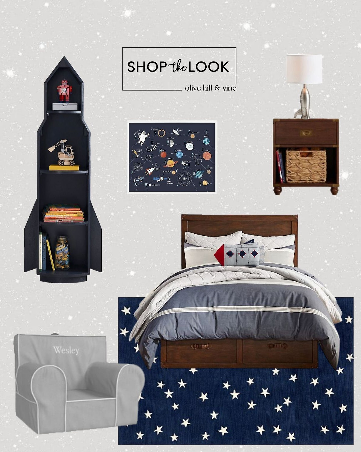 This space-themed boy’s room is *next-level*. Silver glitter wallpaper, a dark walnut bed, starry rug, rocket lamp + pillow, and a spaceship bookcase that steals the show—topped off with the coolest alphabet art in the galaxy. 

 

#LTKHome #LTKKids #LTKFamily