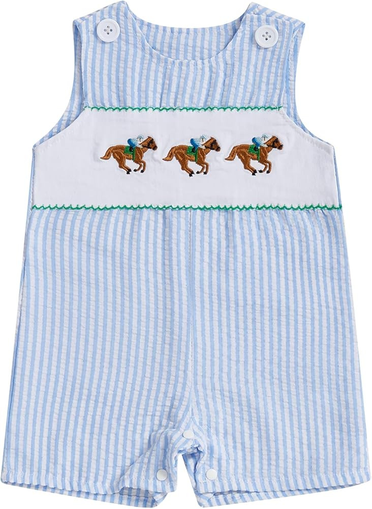 Newborn Baby Boys Sleeveless Seersucker Romper One Piece Straps Overalls Striped Jumpsuit Summer ... | Amazon (US)