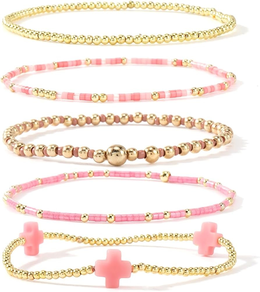 Bohxantium Gold Beaded Bracelets Stack for Women Christmas Stocking Stuffers Stackable 14K Gold P... | Amazon (US)