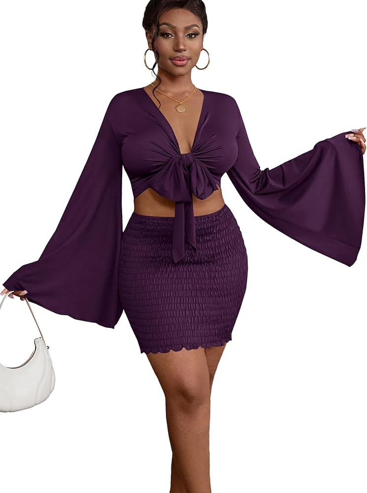 LYANER Women 2 Piece Vacation Outfits Tie Knot Front Bell Long Sleeve Crop Top and Mini Skirt Sum... | Amazon (US)