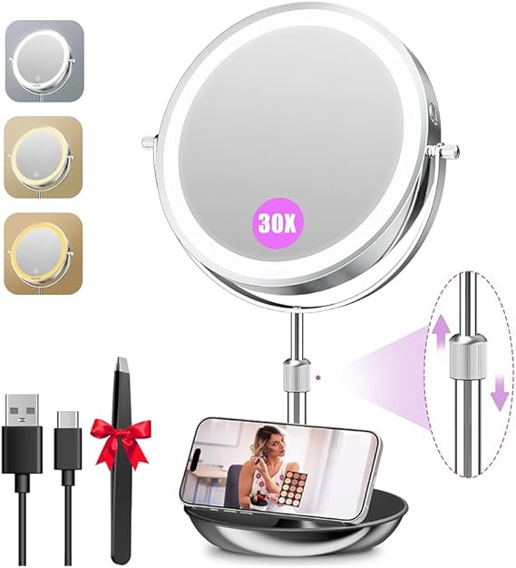 Auxmir 9" Large Lighted Makeup Mirror with Magnification, 1X/30X Double Sided Magnifying Mirror w... | Amazon (US)