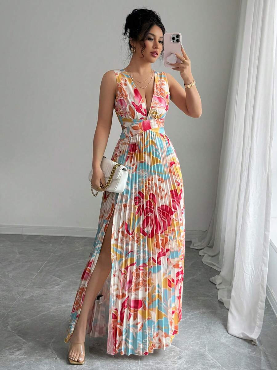 Elenzga Vacation Sleeveless Ditsy Floral Plunge Neck Open Slit Ruched Sexy Festival Dress For Wom... | SHEIN