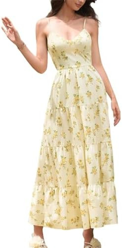 Women's Floral Maxi Spaghetti Strap Backless Bow A Line Built in Bra Cups Beach Holiday Dress | Amazon (US)