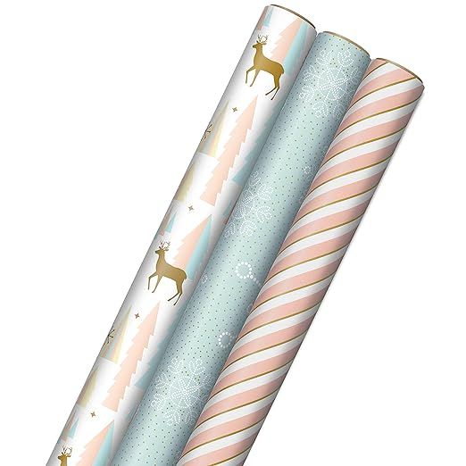 Hallmark Pink Christmas Wrapping Paper with Cut Lines on Reverse (3 Rolls: 120 sq. ft. ttl) Pink,... | Amazon (US)