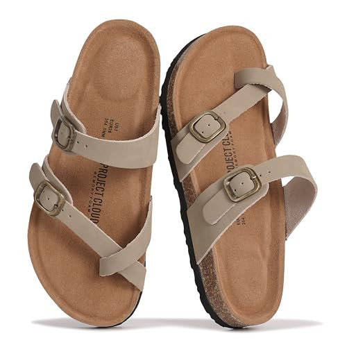 Project Cloud 100% Genuine Leather Womens Sandals -Lightweight Womens Slides Memory Foam Insole & Cork Footbed Sandals Women - Non-Slip Beach Essentials Summer Sandals for Women 2026 (Lian,BEIG,8) | Amazon (US)