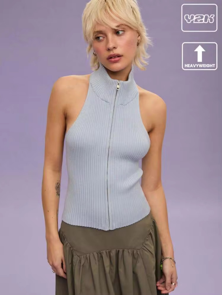 COUREZ Zip Up Halter Neck Knitted Top /Tops /Summer Tops /Going Out Tops /Street Casual/Leisure M... | SHEIN
