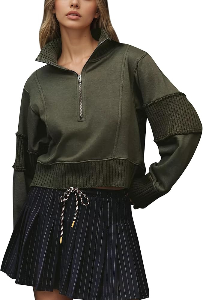 MISSACTIVER Half Zip Pullover Women Oversized Long Sleeve Patchwork Sweatshirts Crop Tops 2025 Tr... | Amazon (US)
