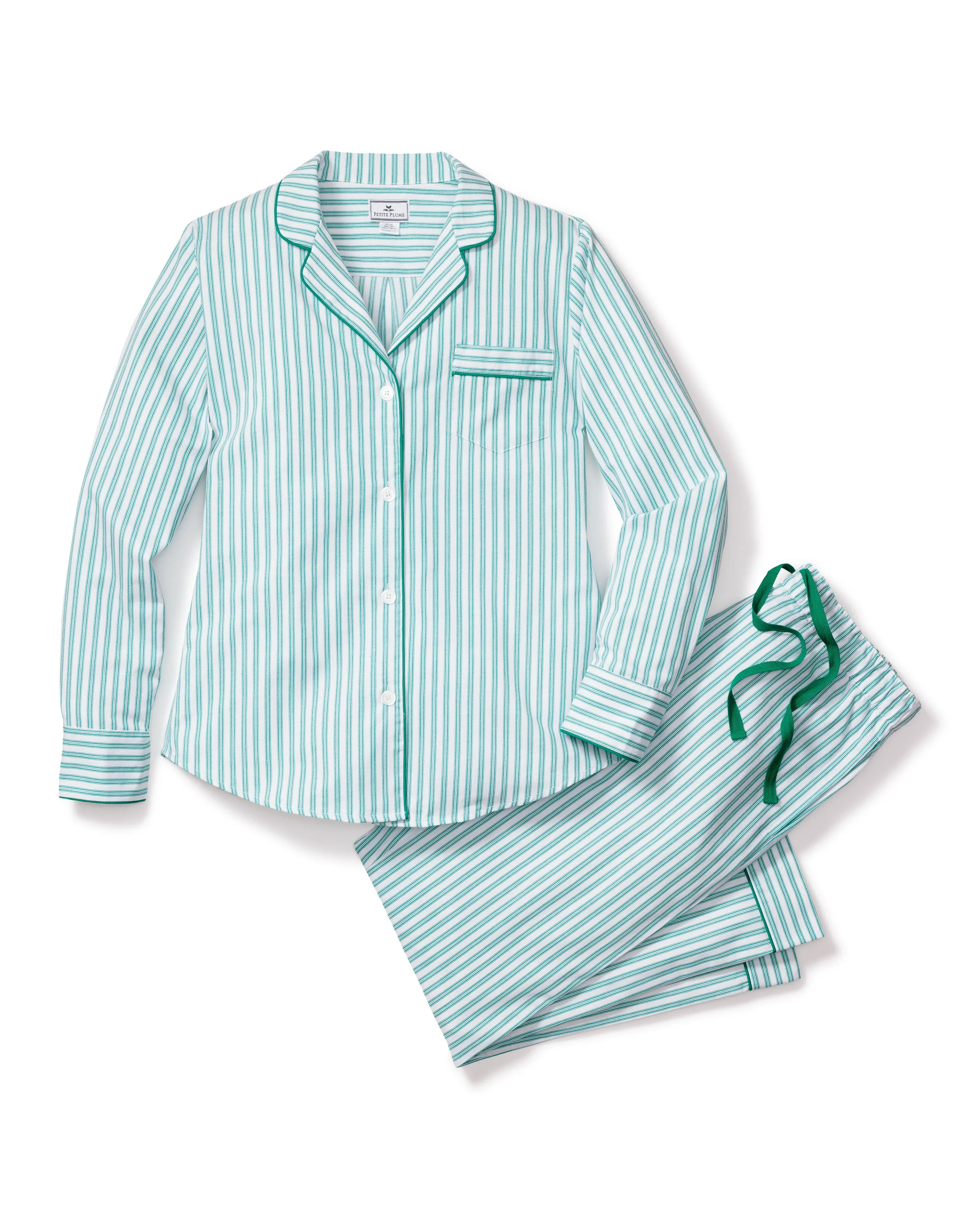 Women's Twill Pajama Set in Emerald Ticking | Petite Plume