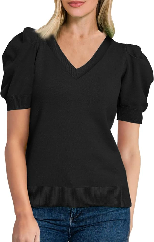 Foonid Women's Puff Short Sleeve Sweater Tops 2024 Crewneck Lightweight Knit Pullover Basic Solid... | Amazon (US)