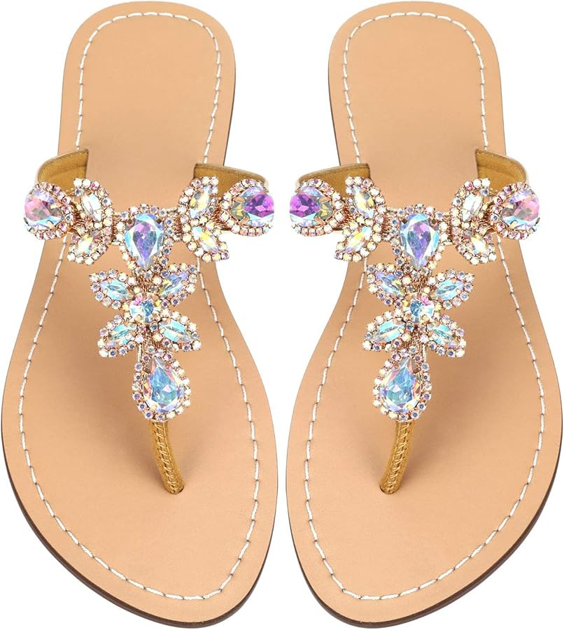 Available in 13 Colors,Rhinestone Sandals,Women's Flat Sandals,Flip Flop,Bling Jeweled Sandals,Su... | Amazon (US)
