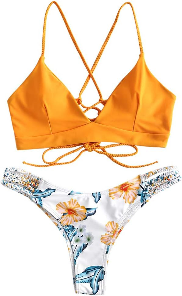 ZAFUL Women Braided Straps Lace Up Bikini Set Bralette Swimsuit Flower Bathing Suit | Amazon (US)